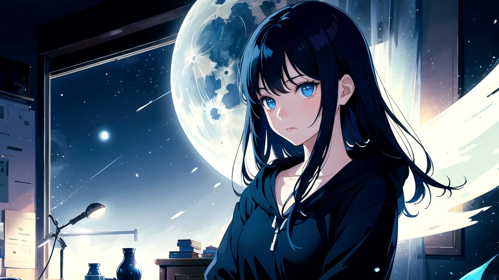 Create an illustration of a girl with black hair and blue eyes, sitting in a chair in front of a desk, Sentimental, Introspective look。, The moonlight gently shines into the room, Gently illuminate the space, Curtains sway in the wind, Increase tranquility, Dark mood, Emphasise the theme of loneliness, silence, And the depths of night, The room is dark、dimly lit by the moonlight