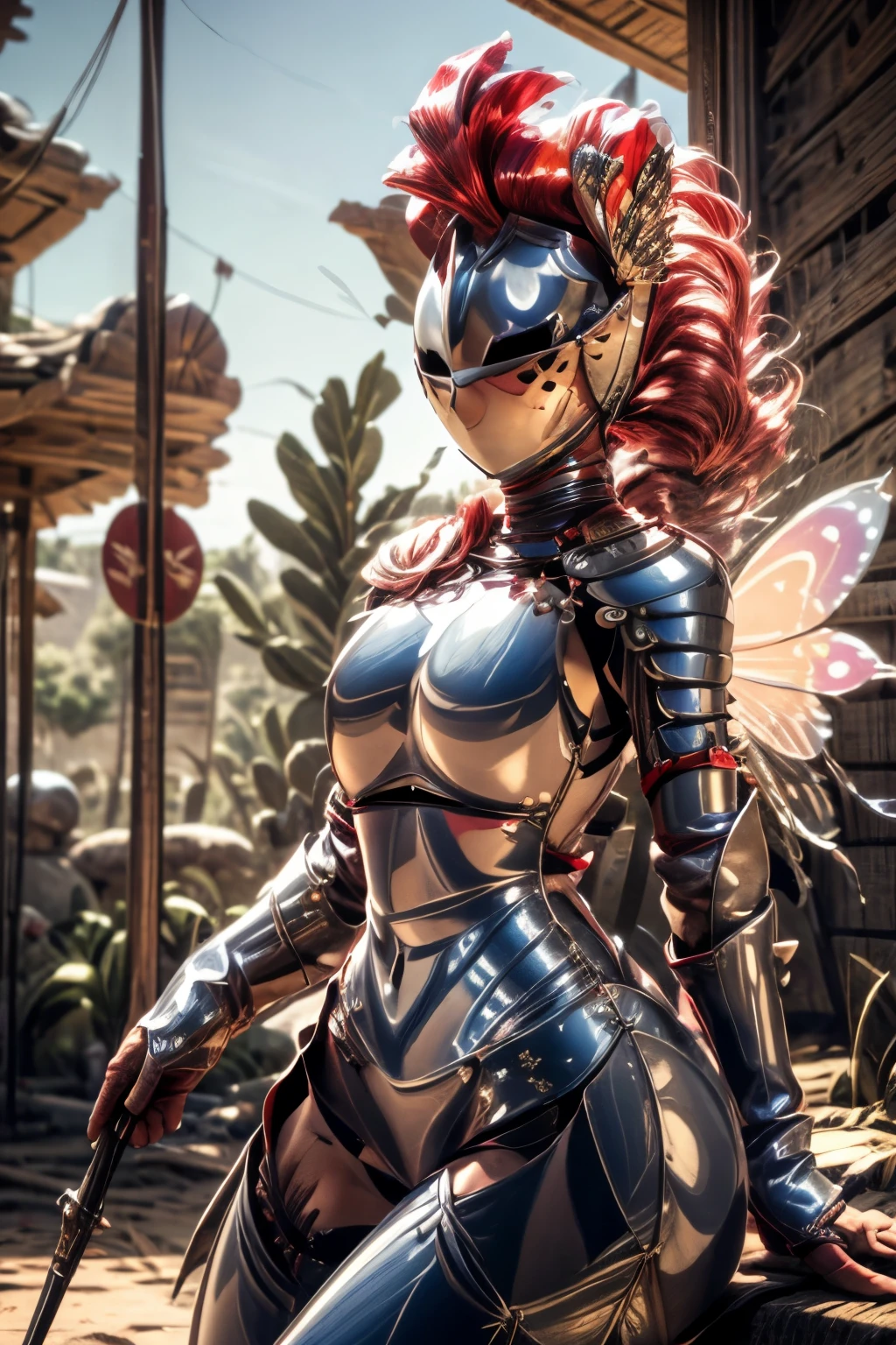 masterpiece, best quality, butterfly_wings, red hair, bottomless, kardiaofrhodes, helmet, plume, gauntlets, thighhighs, breastplate, nude, wide hips, huge ass, (battlefield:1.2)