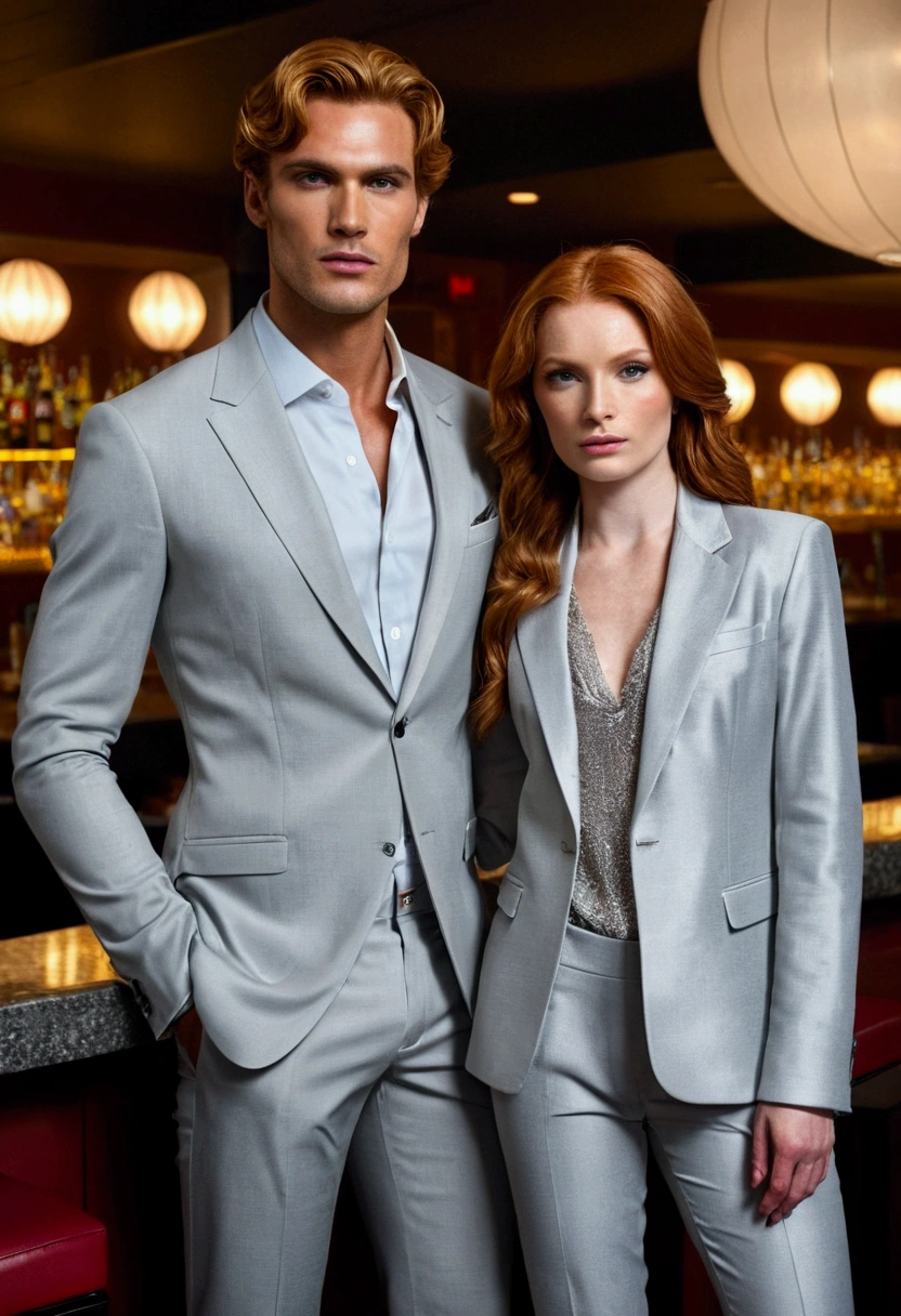 A tall beautiful man, dressed in a light gray Armani suit, dark blonde hair, his chiseled jawline and stubble, he stands in front of a beautiful redheaded woman, brown eyes and tanned skin, dressed in pants, shiny blouse, well made up, she is wearing beautiful silver heels.

The two are in the bar with nightclub lights.