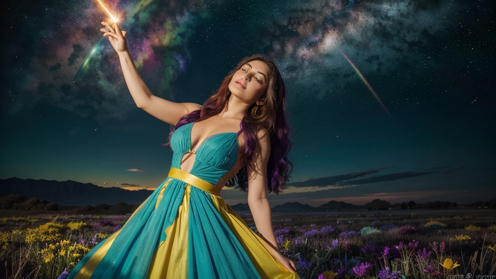 Background: a realm where galaxies collide and celestial clouds swirl. A glow from a thousand cosmic furnaces. Add bright, contrasting swirls of yellow, red, purple and green. Add lots of bright, contrasting colors. Add bright, contrasting swirls of yellow, red, purple and green. Add lots of bright, contrasting colors. Add bright, contrasting swirls of yellow, red, purple and green. Add lots of bright, contrasting colors. Add wide swaths of contrasting colors as clouds, rainbows, nebulaes, stars... lots of colors, bright contrasting colors.
Foreground: a beautiful woman is standing, looking directly at the camera, divine, regal, celestial in appearance. She has long, flowing, dark hair, wide eyes, wearing a long sheer blue, purpole, or turquoise gown cut low in the front, revealing ample cleavage, and cut up the side to her hip.