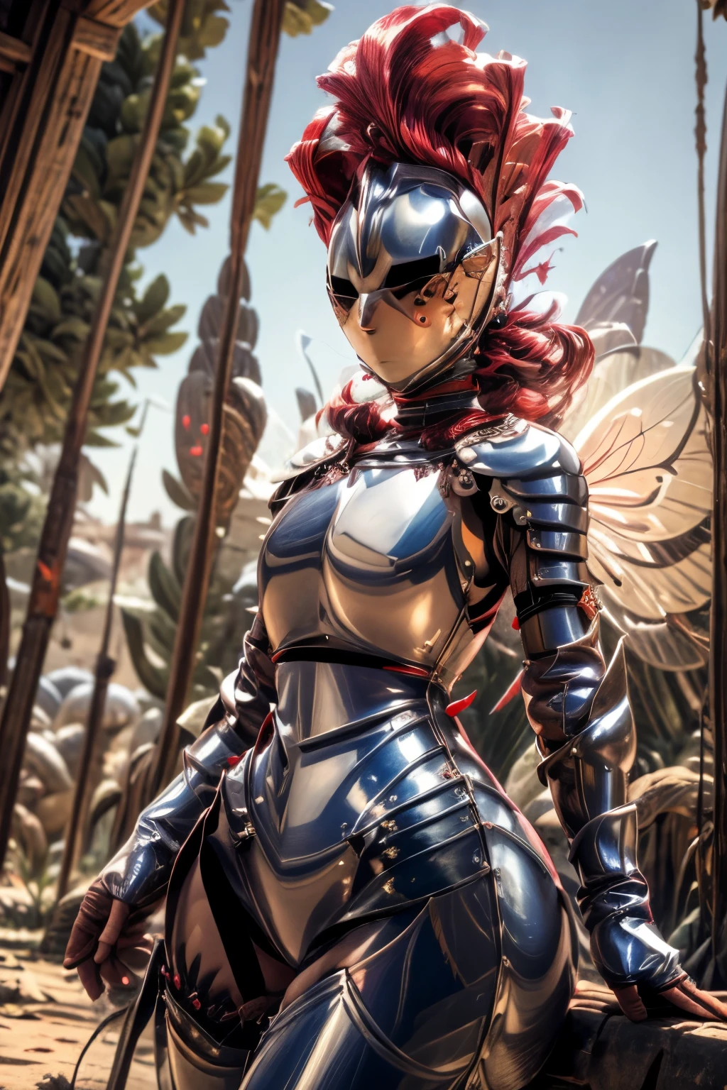 masterpiece, best quality, butterfly_wings, red hair, bottomless, kardiaofrhodes, helmet, plume, gauntlets, thighhighs, breastplate, nude, wide hips, huge ass, (battlefield:1.2)