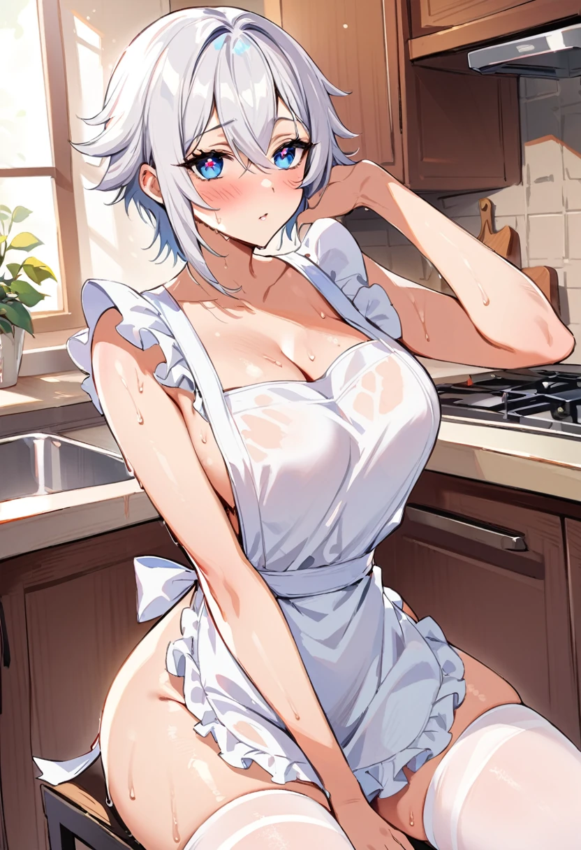 UHD, necessary, Masterpiece, anatomically correct, textured skin, super detail, Best Quality, 16k, 1080P,Alone,(1 female,perfect body,big oppai, short white hair),(blue eyes with red x-shaped pupils:1.9),(wearing a naked apron:1.7)(Transparent),(sweaty skin:1.7),(Wearing white silk stockings:1.7),(open pose:1.7),(full blush:1.7),(in the kitchen),(genshin impact/Harlequin),[face detail]
