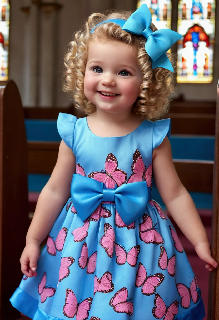 baby with curly blonde hair, eyes browns, big eyelashes, rosy cheeks, blue butterfly dress, with a big blue bow on her head, great smile, blue and pink sandals, in the church Avatar 3D