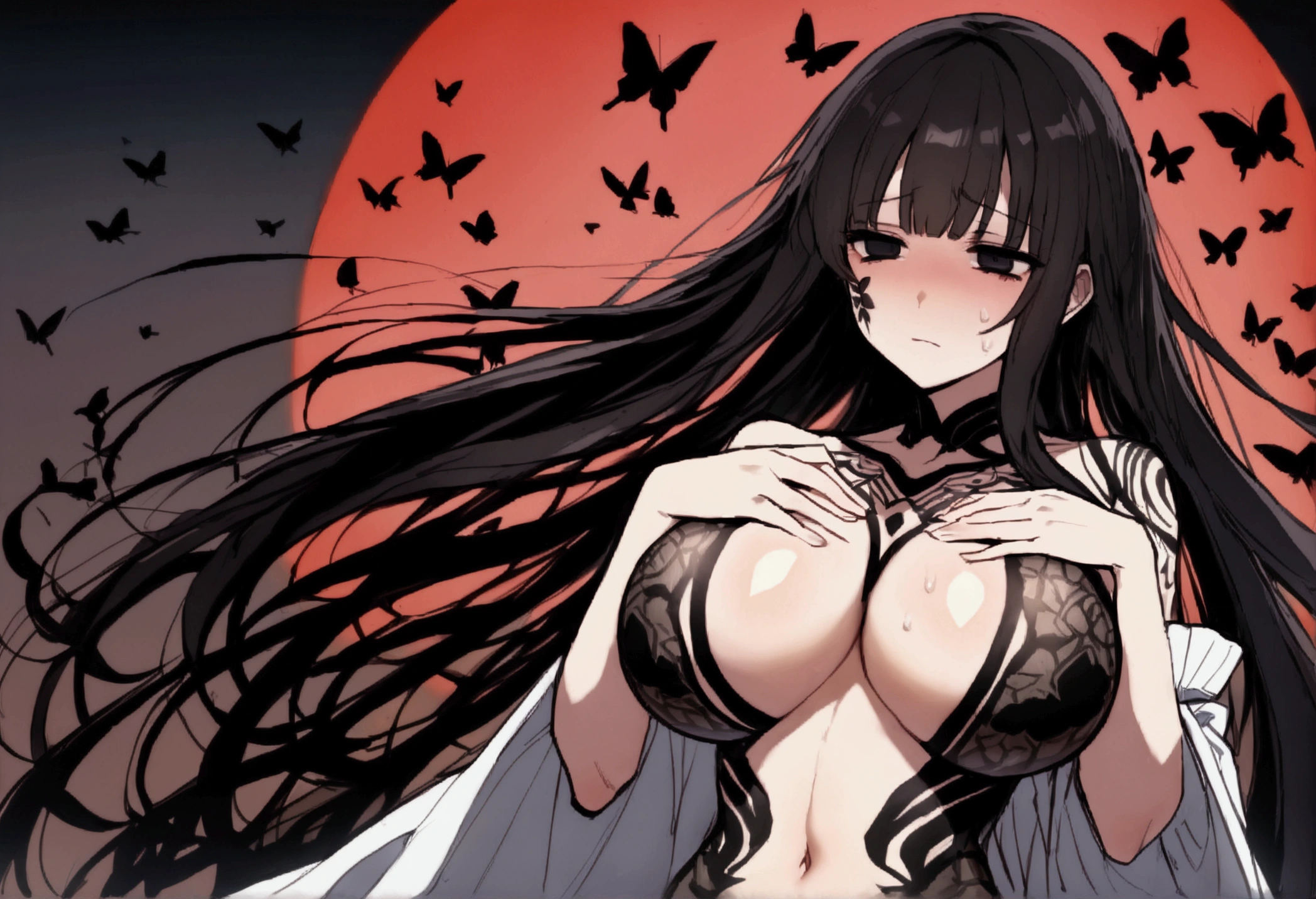 長い髪を持つbeautifulアニメ風のインサクトレディ,((beautiful蝶)),(((Black Hair)))Semi-long hair,(((Highest quality)))Transparent Hair,Face of Sadness,Sad eyes,(((Black eyes))),Beautiful Woman of Sorrow,(((A well-defined, glamorous body)))((Huge bust))Tight waist,(((Doing body paint)))際どいDoing body paint過激な美女,(Floral body paint),((Body paint that exposes the chest and navel)),She is wearing a long coat and a long skirt that resembles a butterfly.,Oily skin,beautiful,(((Rin々Standing))),((Sexy appearance)),(((detailed)))Full Body Shot,Countless butterflies(((background)))fog,Red Moon,Flower Field,In the mysterious forest。