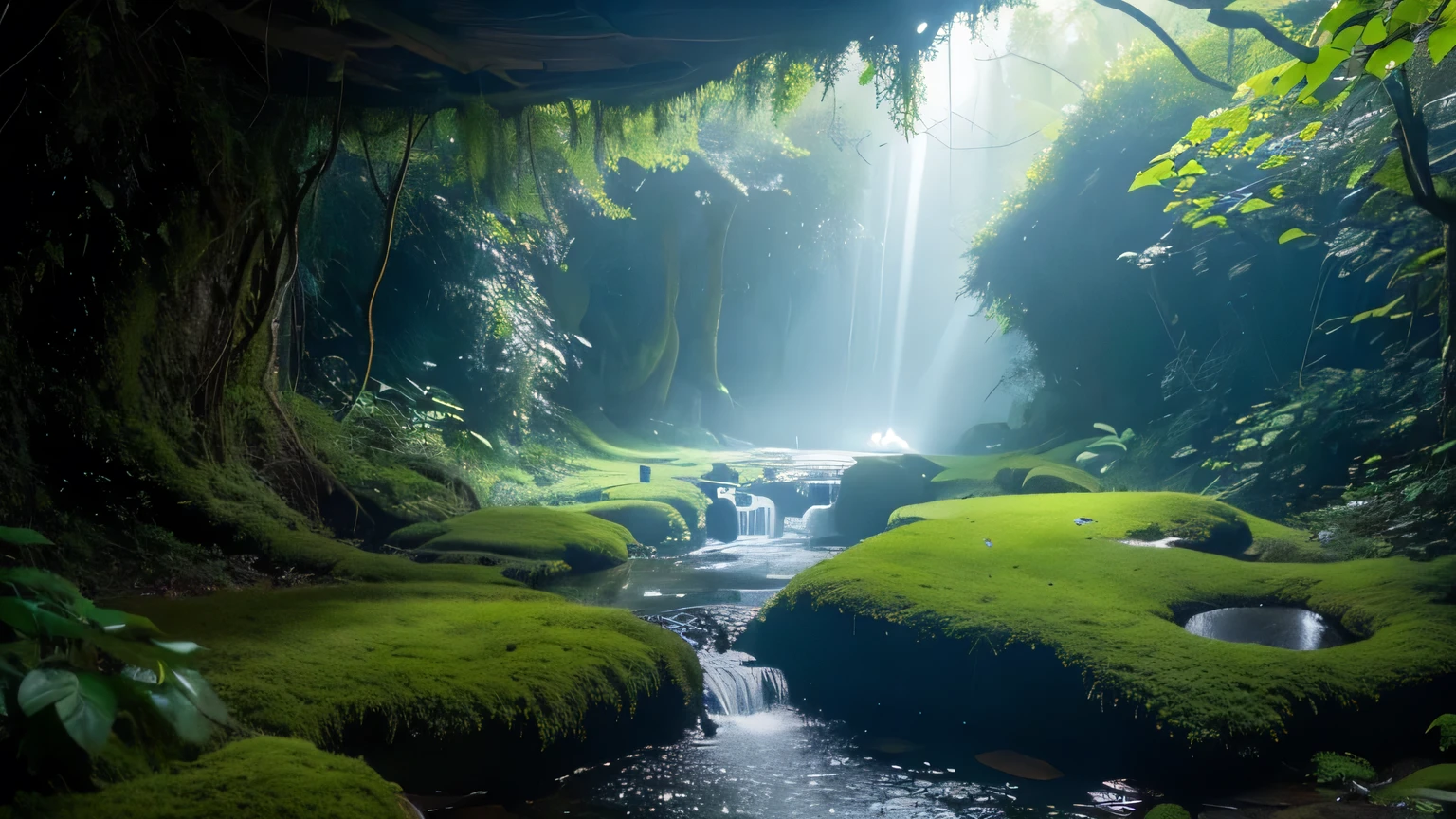 A mysterious cave deep in the forest, Towering, Ancient woods with twisted branches cascading across the landscape々. wood々is creepy, Otherworldly appearance, The bark is shiny, Luminous moss. The entrance to the cave is、Partly hidden by drooping vines and thick foliage。. soft, A fantastic light shines through the canopy, Casts mottled shadows on the forest floor. Inside the cave, small, The crystal clear pool reflects the vibrant greens and blues of the surrounding plants.. The atmosphere is mysterious and enchanting, Evoke a sense of hidden magic and ancient secrets, morning, Warm atmosphere,