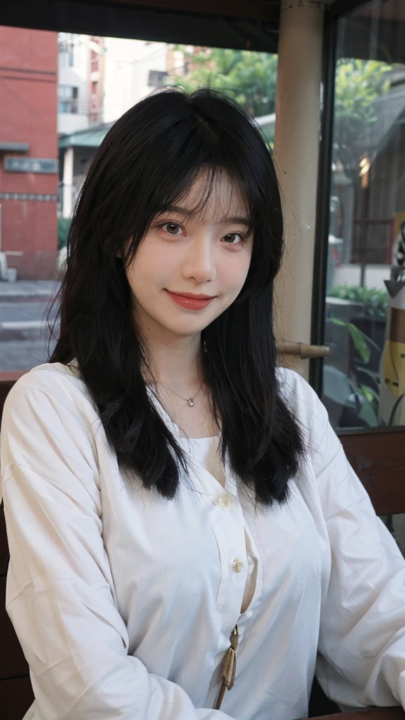 best quality, ultra high resolution, (realistically:1.4),japanese Girl,European style apartment,A pair of clear and charming peach blossom eyes, Royal sister,The sun shines on the face,big breasts,Big long wavy hairstyle, side parting hair Showing forhead(necklace:1.2),(White skin:1.4),a sense of atmosphere,a beautiful girl, Smile,looking directly at the viewer, (lifelike:1.4),1 girl,Sexy,(Upper body:1.4),(wet),(:1.2)