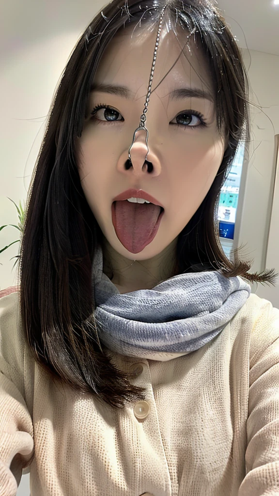Tabletop,,Awards - Award-winning photos, Very detailed, Face close-up、Keep your eyes clearly focused, Nose and mouth,Face Focus, Woman with open mouth and closed eyes, Face Focusの接写（Street trees at night、illumination)、Winter coat、scarf、Age 35,Black-haired、Symmetrical face,Realistic nostrils、Angle from below、Elongated C-shaped nostrils,,,Browsing Caution,White Background、Sweaty skin、Skin shiny with sweatを強調する照明、((Sharp Nose))Skin shiny with sweat、Shiny skin、Big eyes、double eyelid、(My tongue is wet and shiny) ((Wet tongue)) ((French kiss))10cm to camera lens,