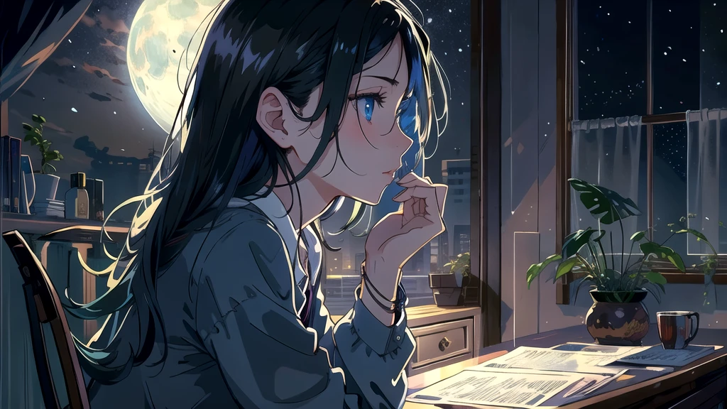 Create an illustration of a girl with black hair and blue eyes, sitting in a chair in front of a desk, Sentimental, Introspective look。, The moonlight gently shines into the room, Gently illuminate the space, Curtains sway in the wind, Increase tranquility, Dark mood, Emphasise the theme of loneliness, silence, And the depths of night, The room is dark、dimly lit by the moonlight