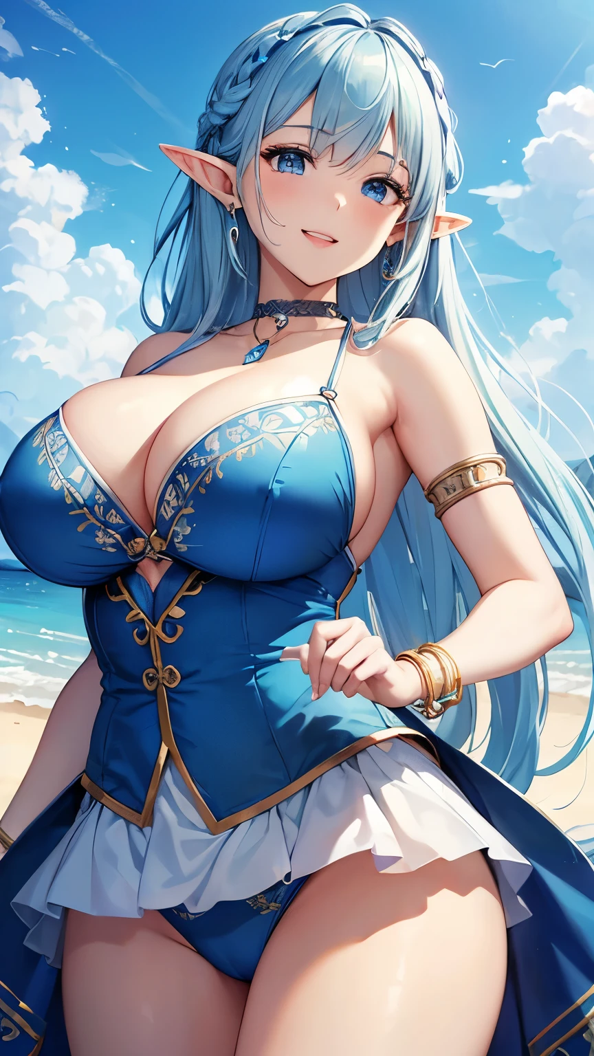 Highest quality、Highest quality、masterpiece、(8K resolution),beauty(Age 25)、(Mature Appearance)、Light blue long hair(Braiding of the sides)、blue eyes、(Blue underwear with detailed embroidery)、(Elf)、Big cleavage、((Very large breasts))、smile、blue necklace、Blue Earrings、background(Beach)、Please open your mouth wide、bracelet、Dynamic pose、Blue choker、