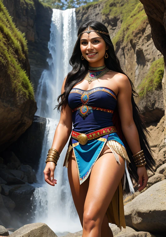 Araffe woman in native dress walking in front of a waterfall, Pocahontas, SMILE, retrato de un joven Pocahontas, retrato de Pocahontas, warrior dress, Warrior woman, Warrior Princess, amazon warrior, cave woman, dwayne johnson as wonder woman, Aztec warrior goddess, una hermosa Warrior woman, native american, tribal clothing, aztec princess portrait