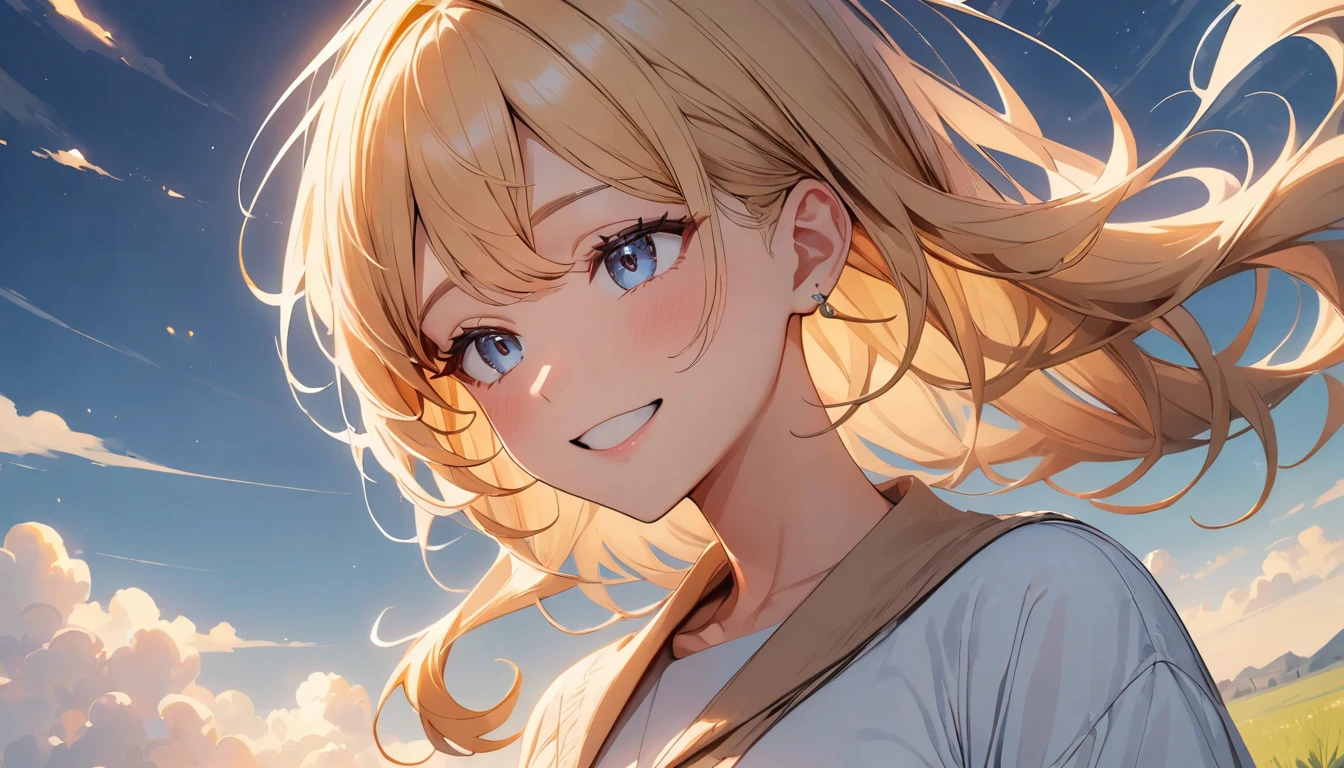 masterpiece, Highest quality, Movie stills, 1 Girl, Cloud Girl,Two Girls , Floating in the sky, close, bright, Happy, Warm and soft lighting, blue sky, (spark:0.7), Vast grassland