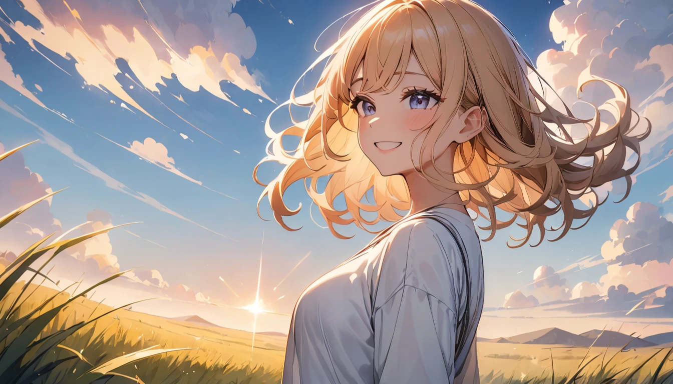 masterpiece, Highest quality, Movie stills, 1 Girl, Cloud Girl,Two Girls , Floating in the sky, close, bright, Happy, Warm and soft lighting, blue sky, (spark:0.7), Vast grassland