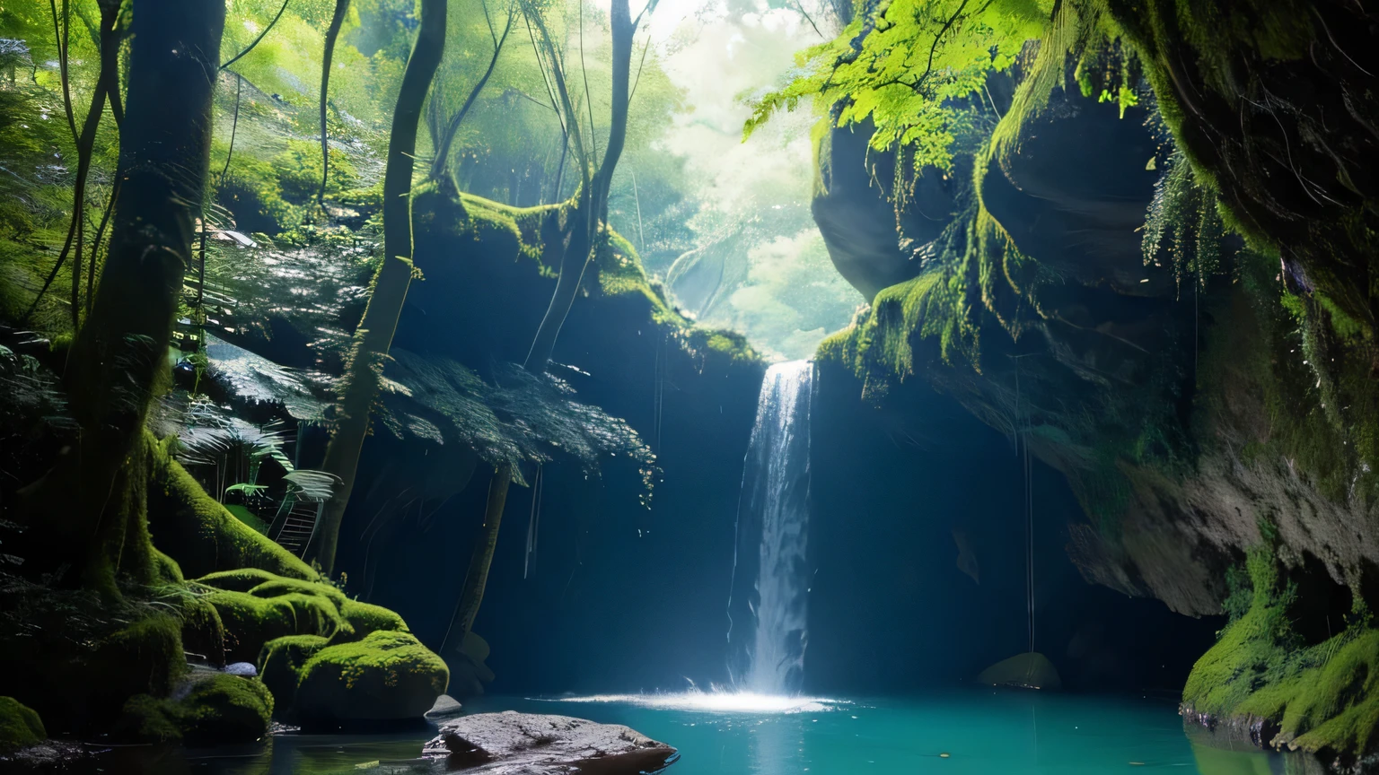 A mysterious cave deep in the forest, Towering, Ancient woods with twisted branches cascading across the landscape々. wood々is creepy, Otherworldly appearance, The bark is shiny, Luminous moss. The entrance to the cave is、Partly hidden by drooping vines and thick foliage。. soft, A fantastic light shines through the canopy, Casts mottled shadows on the forest floor. Inside the cave, small, The crystal clear pool reflects the vibrant greens and blues of the surrounding plants.. The atmosphere is mysterious and enchanting, Evoke a sense of hidden magic and ancient secrets, morning, Warm atmosphere,