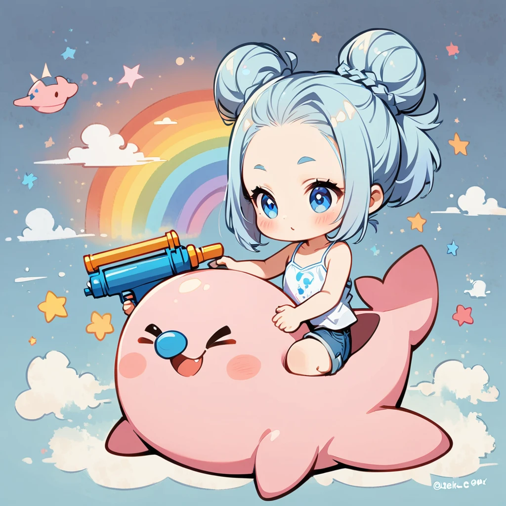 Riding on the back of a pink whale、Light blue short hair、Camisole、Wearing short jeans pants、Forehead exposed and bun hairstyle、Paint a rainbow on a blue sky background、Play with a water gun、Cartoon style character design，interesting，interesting，Clean Lines
