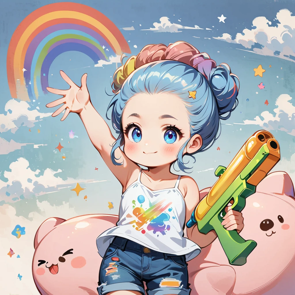 Riding on the back of a pink whale、Light blue short hair、Camisole、Wearing short jeans pants、Forehead exposed and bun hairstyle、Paint a rainbow on a blue sky background、Play with a water gun、Cartoon style character design,interesting,interesting,Clean Lines