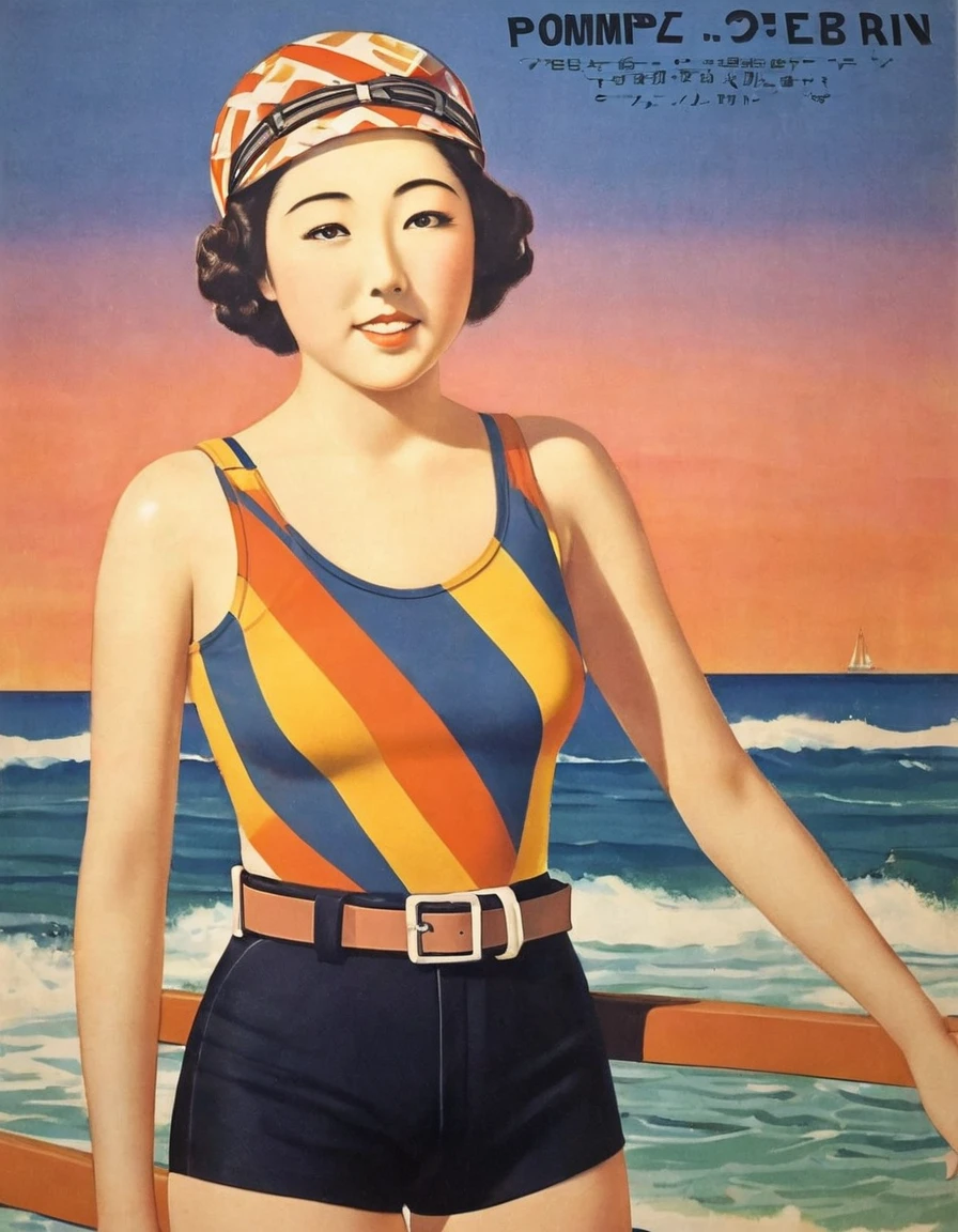 (((1930s Japanese poster)))),Sunset on the beach,masterpiece,close-up,portrait, beach,Japanese woman,(Japanese pompadour:1.3),narrow eyes,Expressionless,(geometric pattern tank top:1.3),(black short pants),(belt),(tight swim cap)