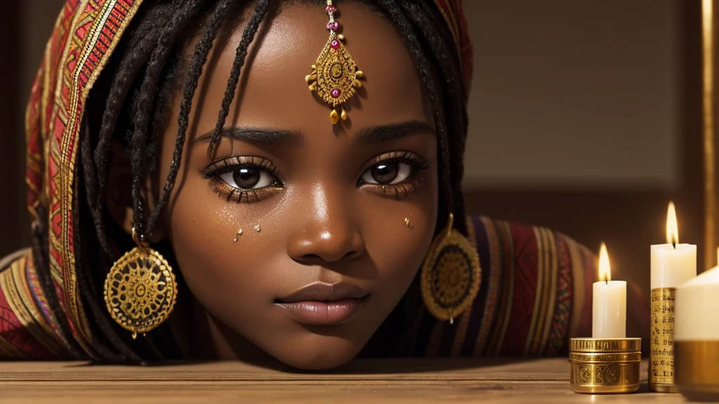 Render a close-up of A very beautiful Young african woman's face, tears welling up in her eyes. With traditional decorations and herbal remedies on a small table.