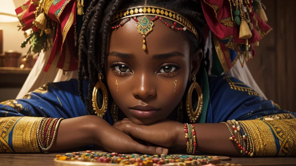 Render a close-up of A very beautiful Young african woman's face, tears welling up in her eyes. With traditional decorations and herbal remedies on a small table.