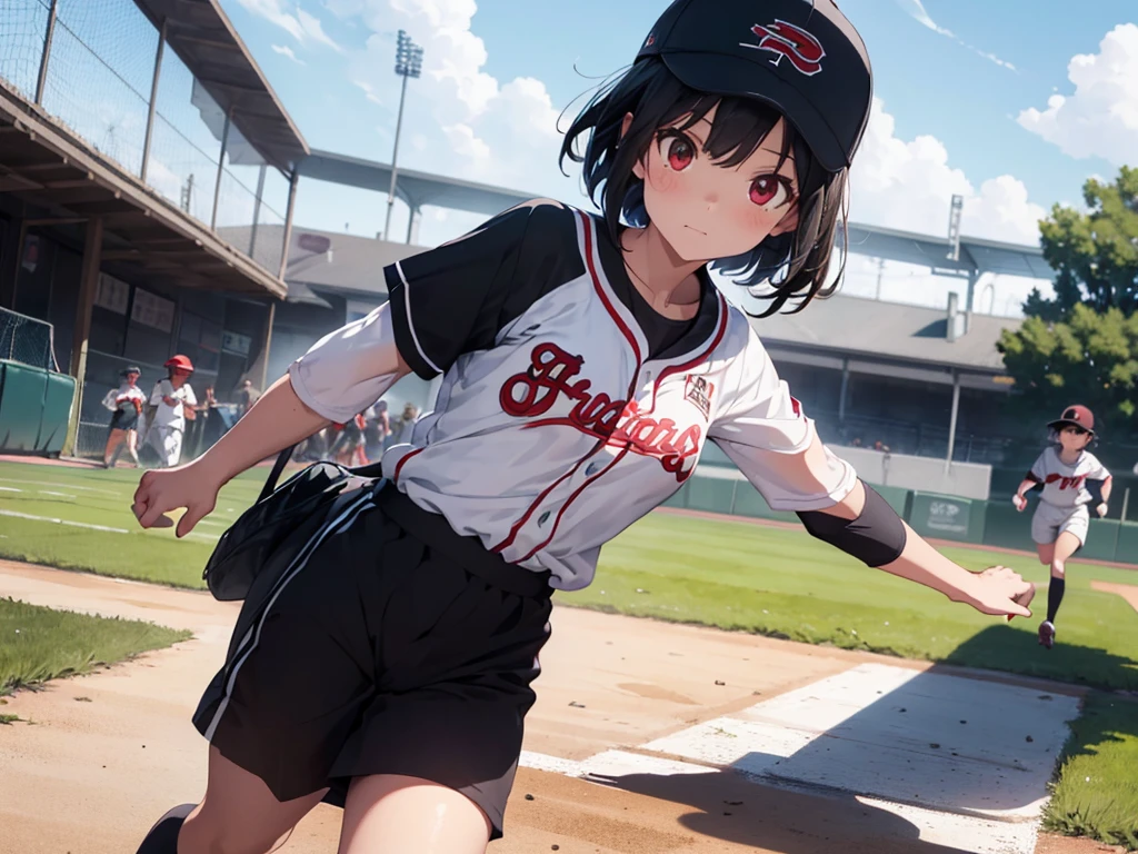 ( Absurd , high quality , Super detailed, Watch your hands )Black short hair,Red eyes,Small breasts,Small breasts,Baseball uniform,Black baseball cap,Long sleeve,White trousers,One Girl,Age: Elementary school student,Baseball Ground,Serious face,Run at full speed