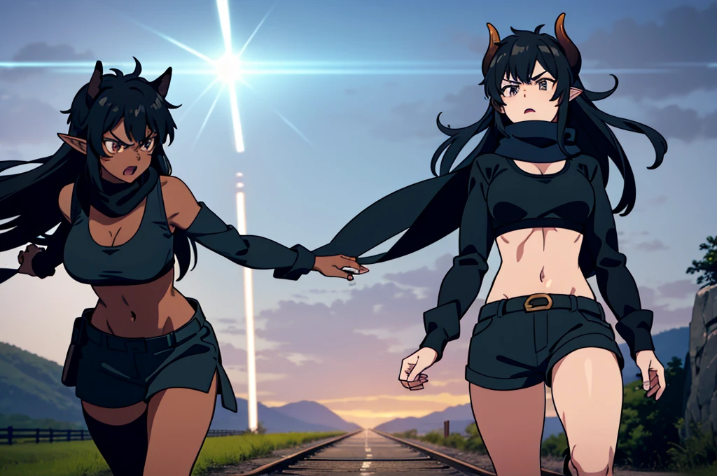 (1girl ,25s,adult,mature female),long hair, black hair,horns,elf ears,((black scarf)),cleavage,(((dark skin))),(black sports bra,black sports shorts, midriff),leather boots,long sleeves,((angry)), punch, Abandoned station Girl running alone on the railroad tracks The wind ruffled her hair,Ripples, backdrop of dawn, illustration, concept-art,A huge lightning strikes behind