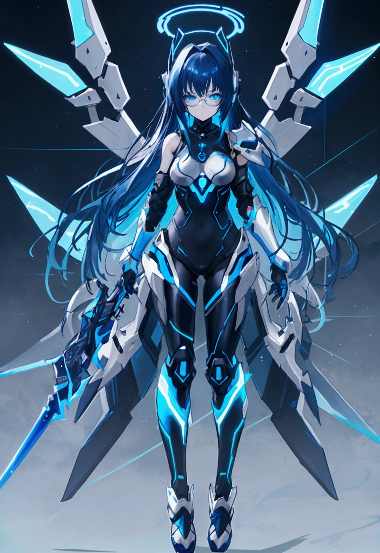 Hight resolution, anime color, Top quality master piece, 8K Ultra High-Quality, ultra-detailed, High quality, 18 year old girl, smooth color, Dark Blue hair, Neon Blue Inner layer hair, blue glowing eyes, Long hair, Headset, Glasses, cat girl, neon blue halo, Neon Blue wings, two floating blue cyber katanas, Neon blue glow Cyber armor, Neo blue Leotard style armor, crotch protection, Neon blue shoulder armor, armored tights, sparks of blue energy or floating magical symbols, camelteo, floating posture, full body, looking at viewer 