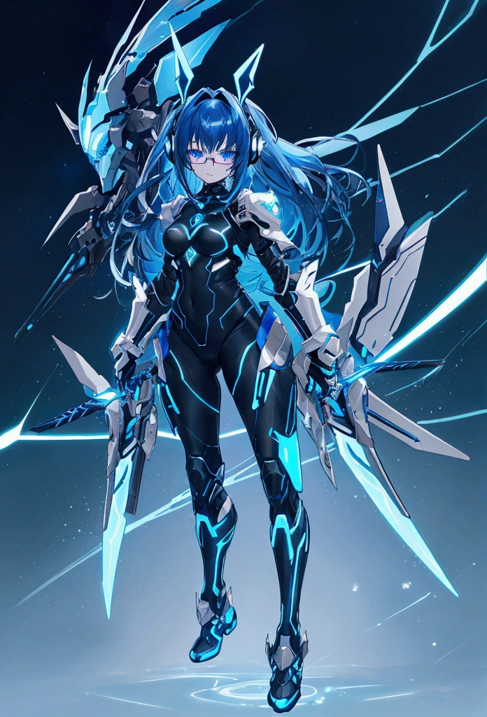 Hight resolution, anime color, Top quality master piece, 8K Ultra High-Quality, ultra-detailed, High quality, 18 year old girl, smooth color, Dark Blue hair, Neon Blue Inner layer hair, blue glowing eyes, Long hair, Headset, Glasses, cat girl, neon blue halo, Neon Blue wings, two floating blue cyber katanas, Neon blue glow Cyber armor, Neo blue Leotard style armor, crotch protection, Neon blue shoulder armor, armored tights, sparks of blue energy or floating magical symbols, camelteo, floating posture, full body, looking at viewer