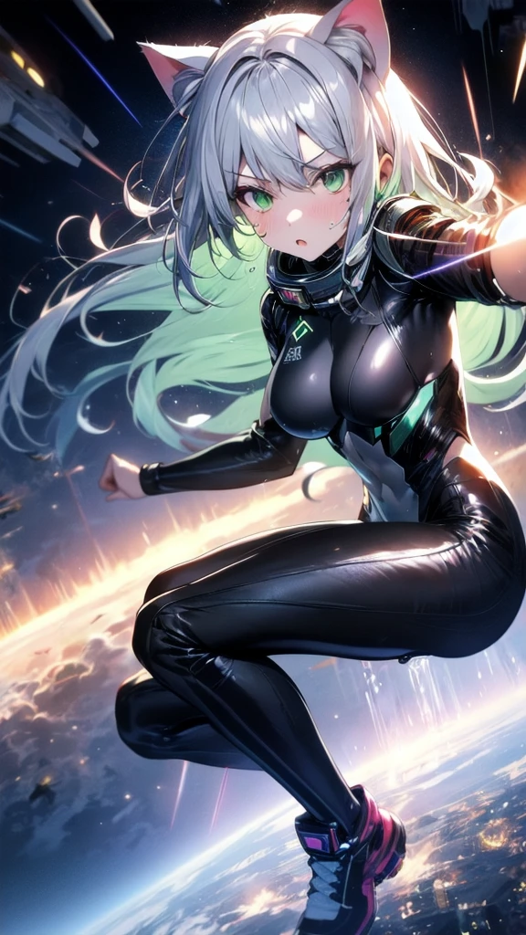 prompts A silver-haired beautiful girl with cat ears eyes are green hair is silver and long clothes: a form-fitting black combat suit The fist is an afterimage The background is a city at night her is in a cat-like fighting pose The year is 14 years monitor, Dark Night, Sweat, Steam of Exhalation, Space, Battle, Dynamic Angle one girl