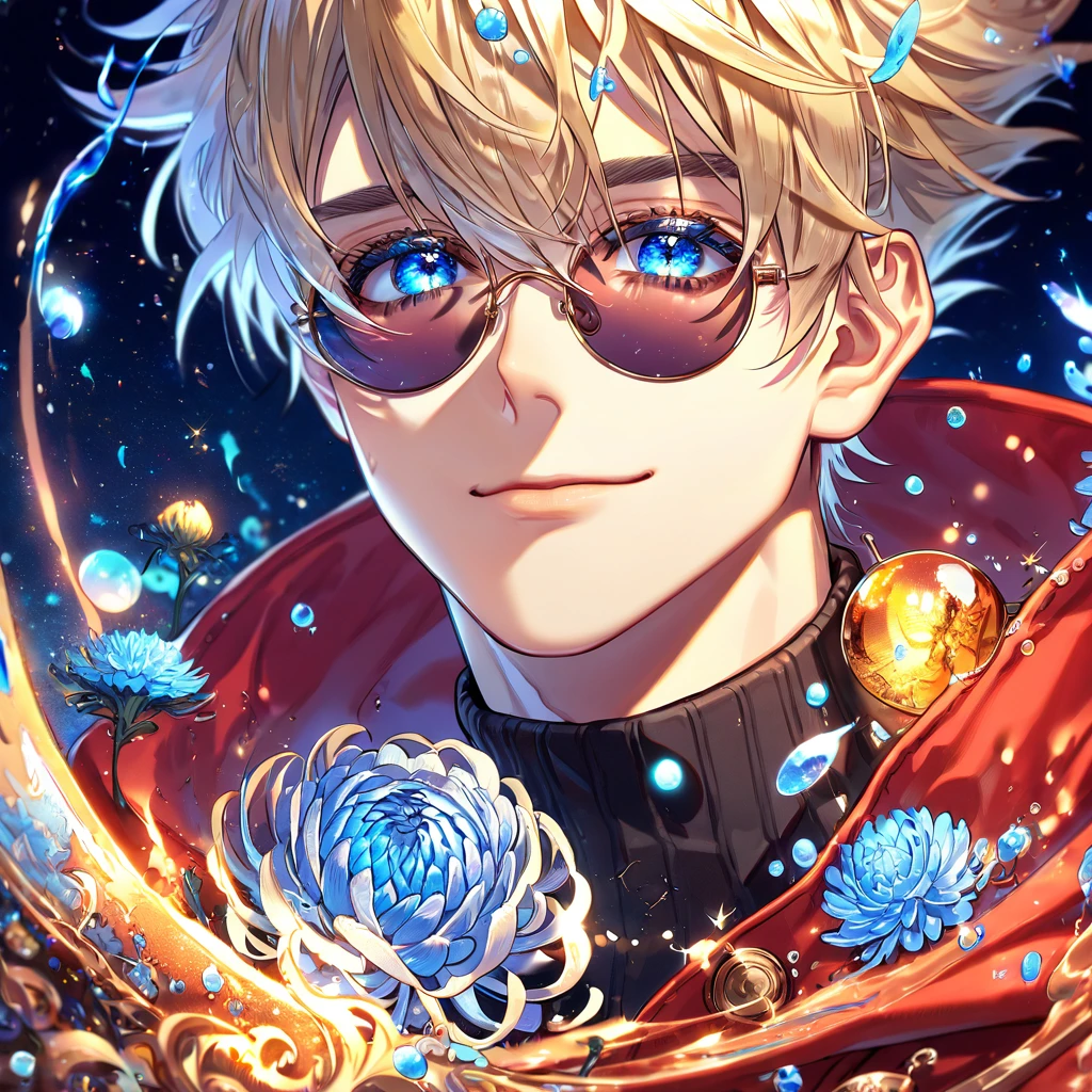 absurdres, highres, ultra detailed, HDR, master piece, best quality, extremely detailed, Vash Stampede, blonde hair, expressive blue eyes, round amber sunglasses, Trigun, solo, sexy man, handsome, smile, hooded red coat, black turtleneck shirt, fantasy, water, sparkling, blue glittering fireflies, blue moon, blue blossoms, blue chrysanthemums, blue sparkling lights, starry sky