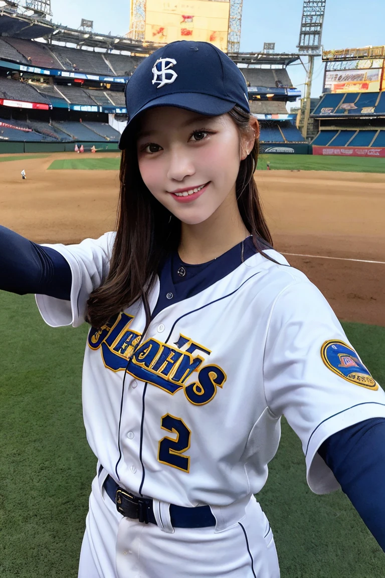 A girl wearing a baseball uniform playing catch, highly detailed, photorealistic, (selfie:1.5),stadium in the background, vibrant colors,((Ample Breasts)), Diminutive Height, shy-smile