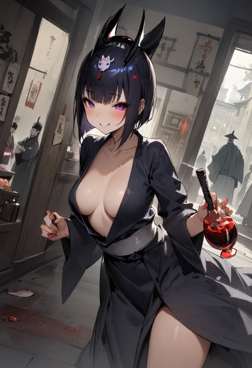 In a haunted house、Shuten Doji、ghost、Girl、Girl、Short、Younger、、Dynamic Angle、masterpiece、best quality、ultra-detail、night、smile、Iron club、knife、Heian-kyo、The capital of Kyoto、Eat flesh and blood、 Violence、Alcohol is my favorite
