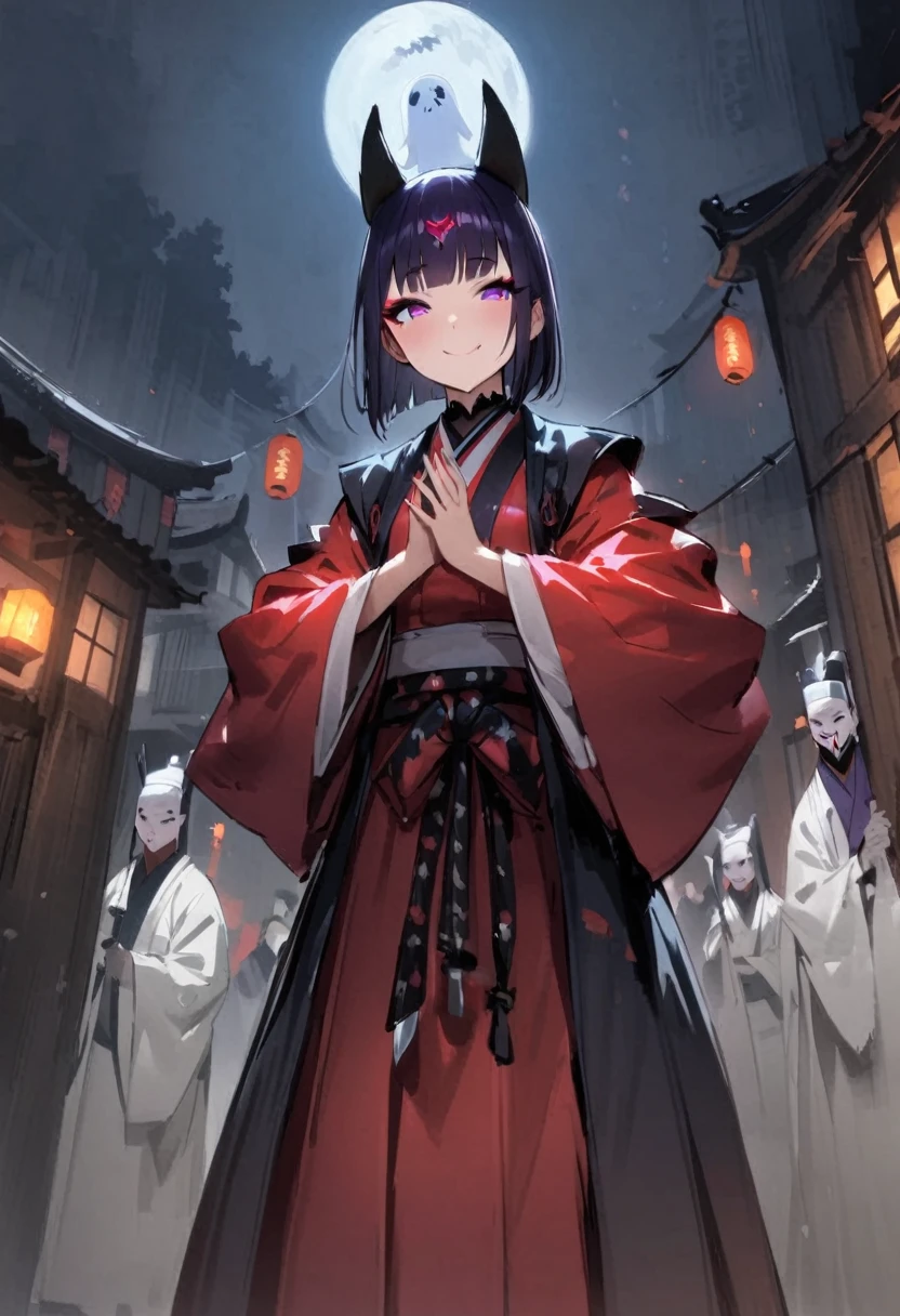 In a haunted house、Shuten Doji、ghost、Girl、Girl、Short、Younger、Lower school year、Dynamic Angle、masterpiece、best quality、ultra-detail、night、smile、Iron club、knife、Heian-kyo、The capital of Kyoto、Eat flesh and blood、 Violence、Alcohol is my favorite