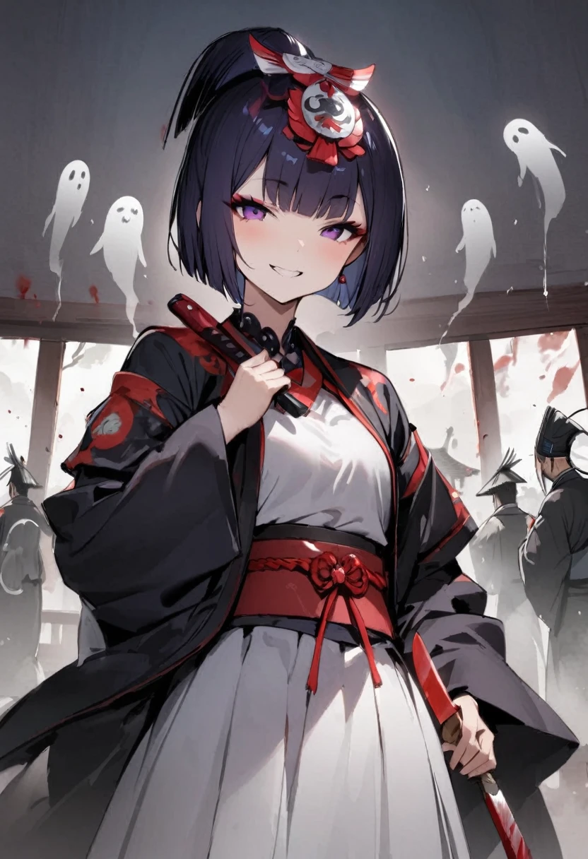 In a haunted house、Shuten Doji、ghost、Girl、Girl、Short、Younger、Lower school year、Dynamic Angle、masterpiece、best quality、ultra-detail、night、smile、Iron club、knife、Heian-kyo、The capital of Kyoto、Eat flesh and blood、 Violence、Alcohol is my favorite