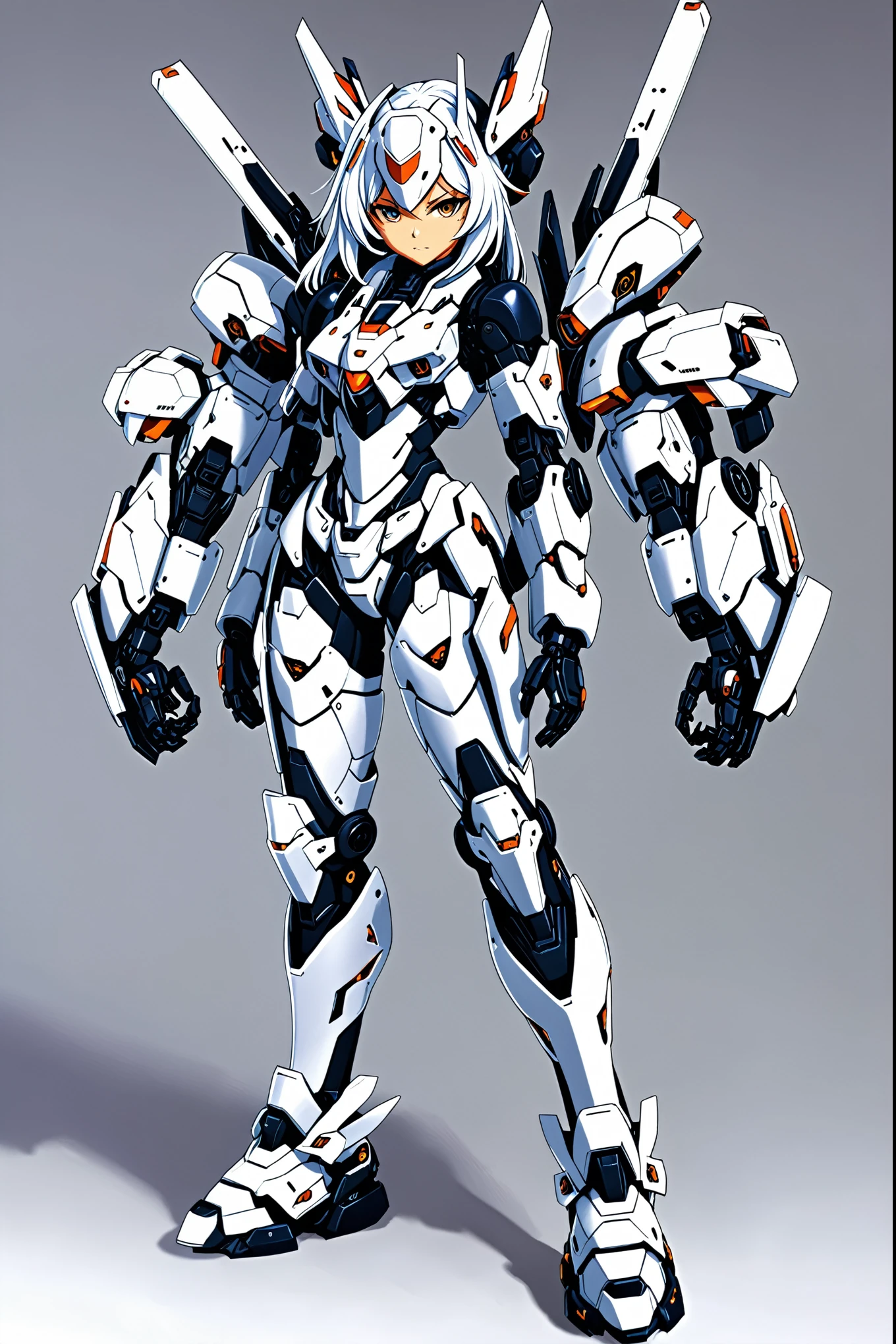 Female Mecha, girl in cyber armor, Ferra White Mecha, mecha nized valkyrie girl, A mix of anime and organic matter, Cool Mecha ，External arm armor，Kushat Kents, Cyberpunk anime girl mecha,White background，