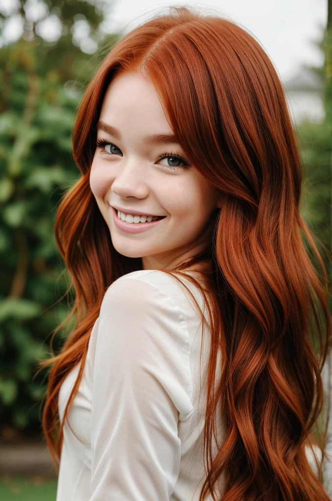 Portrait of a beautiful redhead girl identical to Ailee Steinfeld with a smile