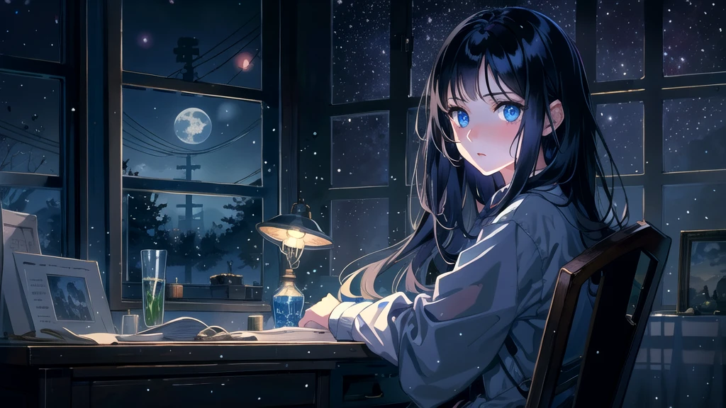 Create an illustration of a girl with black hair and blue eyes, sitting in a chair in front of a desk, Sentimental, Introspective look。, The moonlight gently shines into the room, Gently illuminate the space, Curtains sway in the wind, Increase tranquility, Dark mood, Emphasise the theme of loneliness, silence, And the depths of night, The room is dark、dimly lit by the moonlight