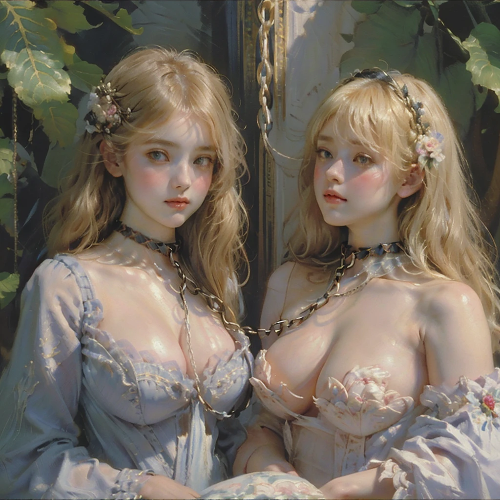 2girls,pov, women, seductive stare, ((((linked collar, collar linked together by a chain, collars linked by chain, linked together with chain)))), ((18 yo, detailed face, feminine skin)) , fit , (young) , beautiful , (((pale skin, wavy blonde hair))), dreamy, loving stare, bright magical fairytale fantasy atmosphere, sexy, flowers in hair, surrounded by flowers, happy, playful, ((big soft heavy breasts, busty cleavage, maid, huge tits)), in love, magical mist energy, hair flower, blush, pretty, elegant, cute, youthful, teen, teenager, choker, collar, ((huge hanging boobs)), (((Baroque court dress, fantasy, aesthetic of softness and gentleness and innocence and fertility, ruby necklace)))
