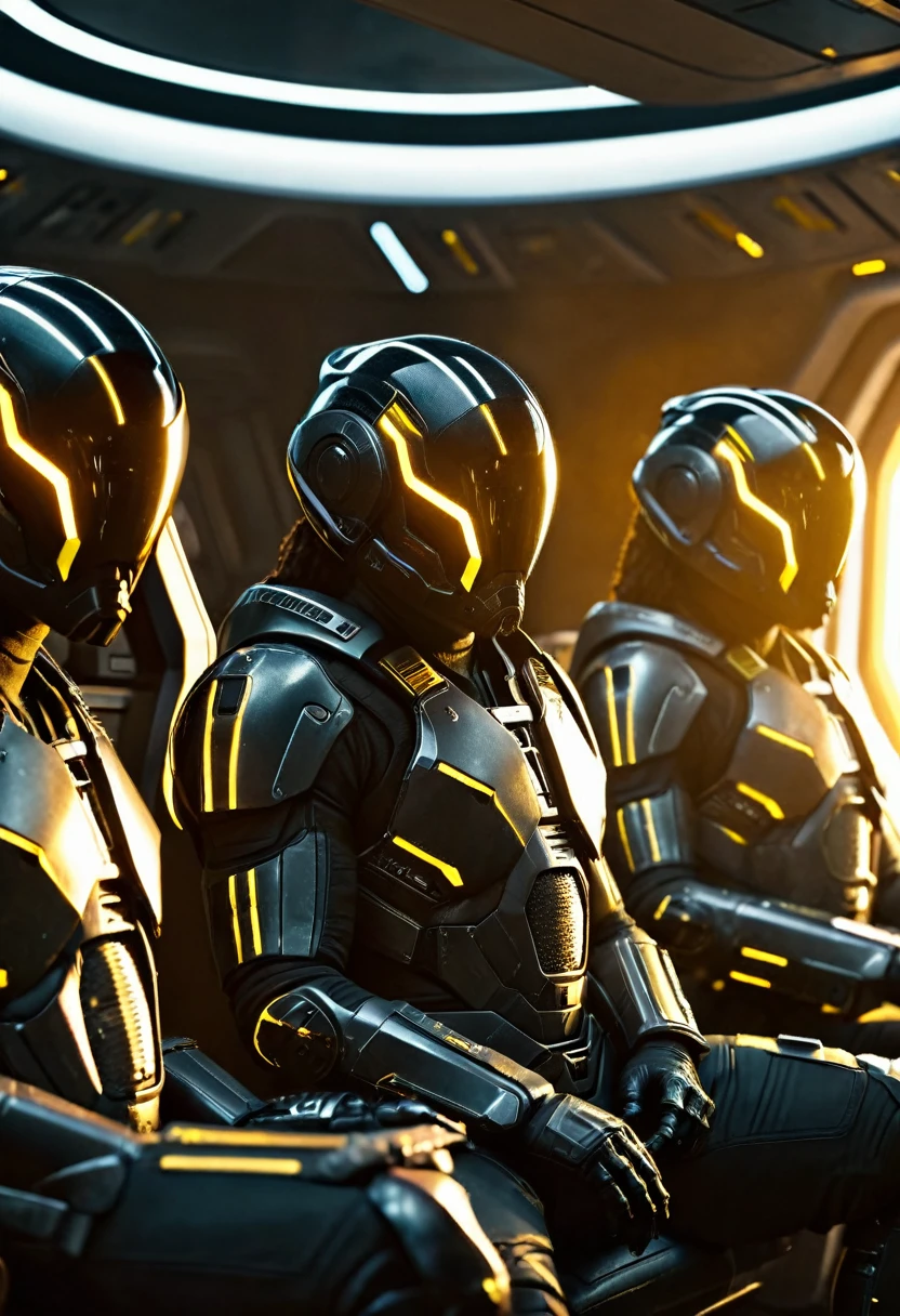 Interior shot of a crew of black mercenaries wearing futuristic armour holding futuristic guns, sitting in a futuristic spaceship, futuristic spaceship flying in space, yellow sunlight shining into the spaceship providing a dark yellow cinematic colour grading, sci-fi movie scene, ridley scott sci-fi movie, Denise villeneuve scifi movie, 32k, ultra HD, unreal engine rendered