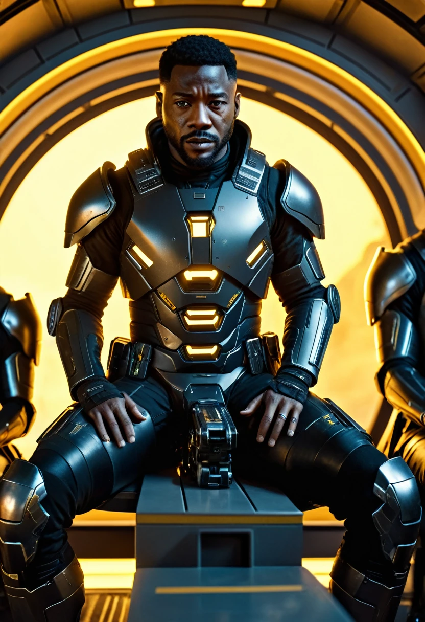 Interior shot of a crew of black mercenaries wearing futuristic armour holding futuristic guns, sitting in a futuristic spaceship, futuristic spaceship flying in space, yellow sunlight shining into the spaceship providing a dark yellow cinematic colour grading, sci-fi movie scene, ridley scott sci-fi movie, Denise villeneuve scifi movie, 32k, ultra HD, unreal engine rendered 