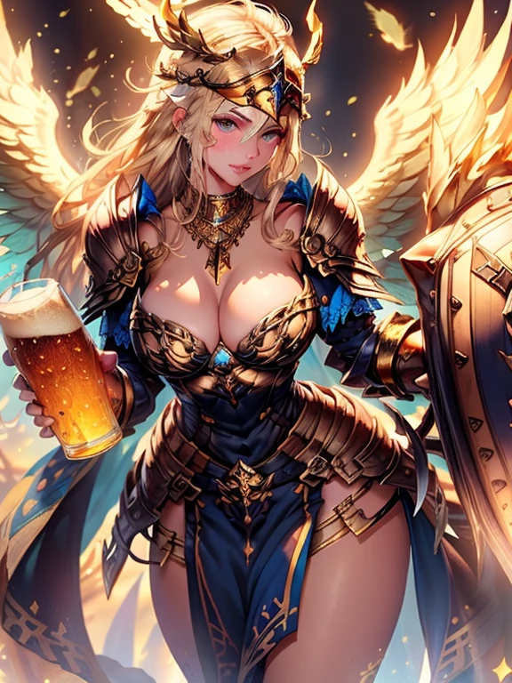 (maximum quality, 8K, best quality, beautiful and aesthetic) (a woman), extremely detailed, colorful, more detailed, faithful style, ((((Goddess Freya)))), Norse Goddess, European Woman, bright eyes, eyes light blue, thick eyelashes, loose braided hair, long hair, blonde hair, big breasts, Cleavage, Show navel, seductive lips, animal leather cape, beautiful woman, mature woman, attractive woman, voluptuous woman, perfect body, short stature, freckles on the face, necklace, brisingamen freya necklace, golden Asgardian armor, emphasis on armor, golden armor, shoulder armor, waist armor, wrist armor, shining armor, a blonde Asgardian heroine, golden details, (((Norse helmet with golden wings))), seductive expression, winking eyes, blonde hair, long hair, blue eyes, detailed eyes, detailed face, detailed hands, pretty face, soft face, raising a glass of beer,