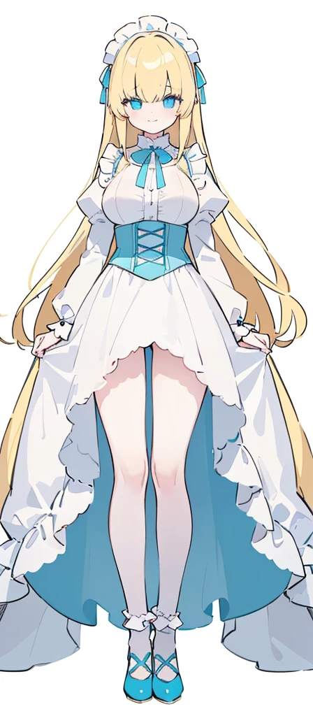 (long beautiful blonde yellow hair) cyan eyes, (Eyes behind long bangs) big breasts, Standing pose, body bent (using socks) perfect shiny beautiful cyan shoes (Wearing luxurious palace maid clothes Perfect perfect noble) Pose facing sideways (Girl1, straight yellw blonde hair not too long, bangs covering one eye, soft face, gentle smile) GREY long hair, beautiful cyan eyes (Standing pose slightly bent facing towards the right side of the bent back, right hand down, left hand down, leaning pose, smile kawai, (blank white background) Wearing a blue corset, (Using a beautiful bright blue ribbon) Kawai shy cute eyes (cyan colored shoes must be shiny, Must wear short white socks) Wrists must be completely bare without a single piece of cloth covering either side Wrists must be completely bare without a single piece of cloth covering either side Wrists must be completely bare without a single piece of cloth covering either side, The bangs cover the left eye of the toe perfectly, Long bangs cover the left eye