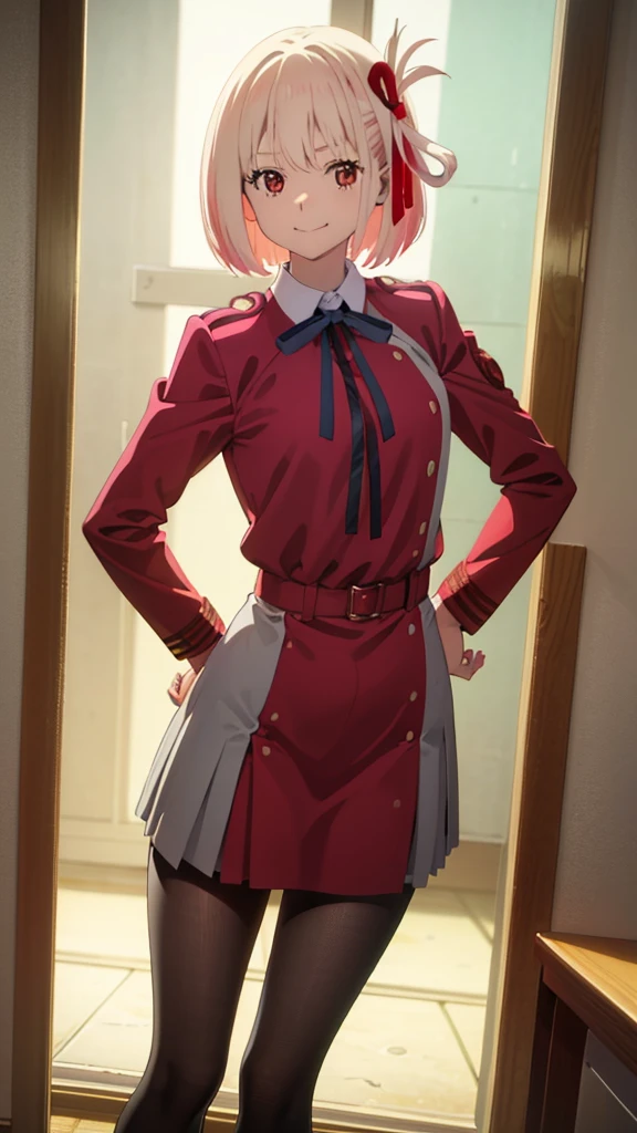 (art by hews:0.8), cowboy shot, solo, 1girl, nishikigi chisato, smile, looking at viewer, hands on hips, bob cut, hair ribbon, lycoris uniform, two-tone dress, red dress, grey dress, neck ribbon, long sleeves, (masterpiece:1.0),(best_quality:1.0), ultra high res,4K,ultra-detailed, photography, 8K, HDR, highres,