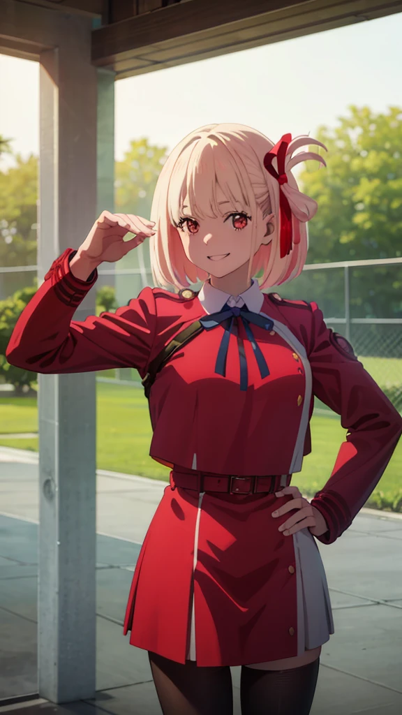 (art by hews:0.8), cowboy shot, solo, 1girl, nishikigi chisato, smile, looking at viewer, hands on hips, bob cut, hair ribbon, lycoris uniform, two-tone dress, red dress, grey dress, neck ribbon, long sleeves, (masterpiece:1.0),(best_quality:1.0), ultra high res,4K,ultra-detailed, photography, 8K, HDR, highres,