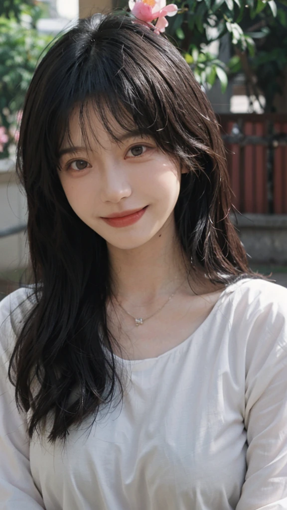 best quality, ultra high resolution, (realistically:1.4),japanese Girl,European style apartment,A pair of clear and charming peach blossom eyes, Royal sister,The sun shines on the face,big breasts,Big long wavy hairs, side comma hairstyle Showing forhead(necklace:1.2),(White skin:1.4),a sense of atmosphere,a beautiful girl, Smile,looking directly at the viewer, (lifelike:1.4),1 girl,Sexy,(Upper body:1.4),(wet),(:1.2)