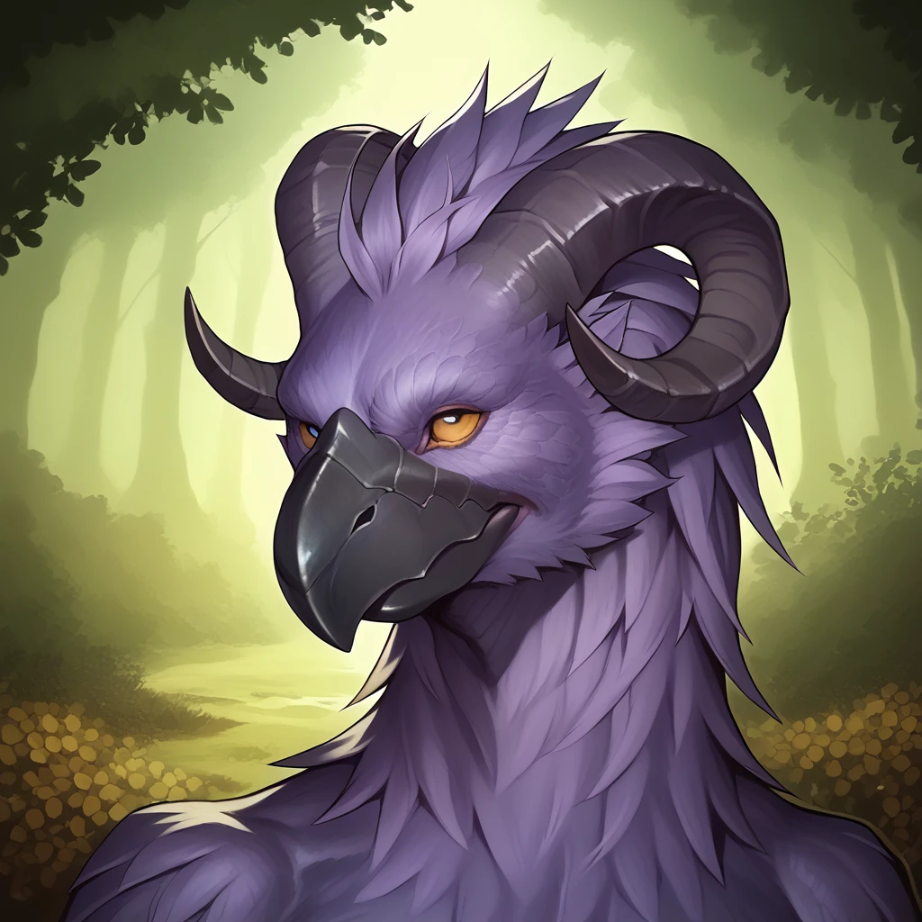 (((beautiful, high quality, perfect eyes, comics style, semi-realistic, detailed face))), score_9, score_8_up, score_7_up, BREAK (Chocobo, Purple Feathers)), (((Black Horns, Horned, Curved Horns))), ((yellow sclera, black pupils)), outdoor, fantasy background, autumn, boreal forest, DeepNegative_xl_v1, zPDXL2, detailxl