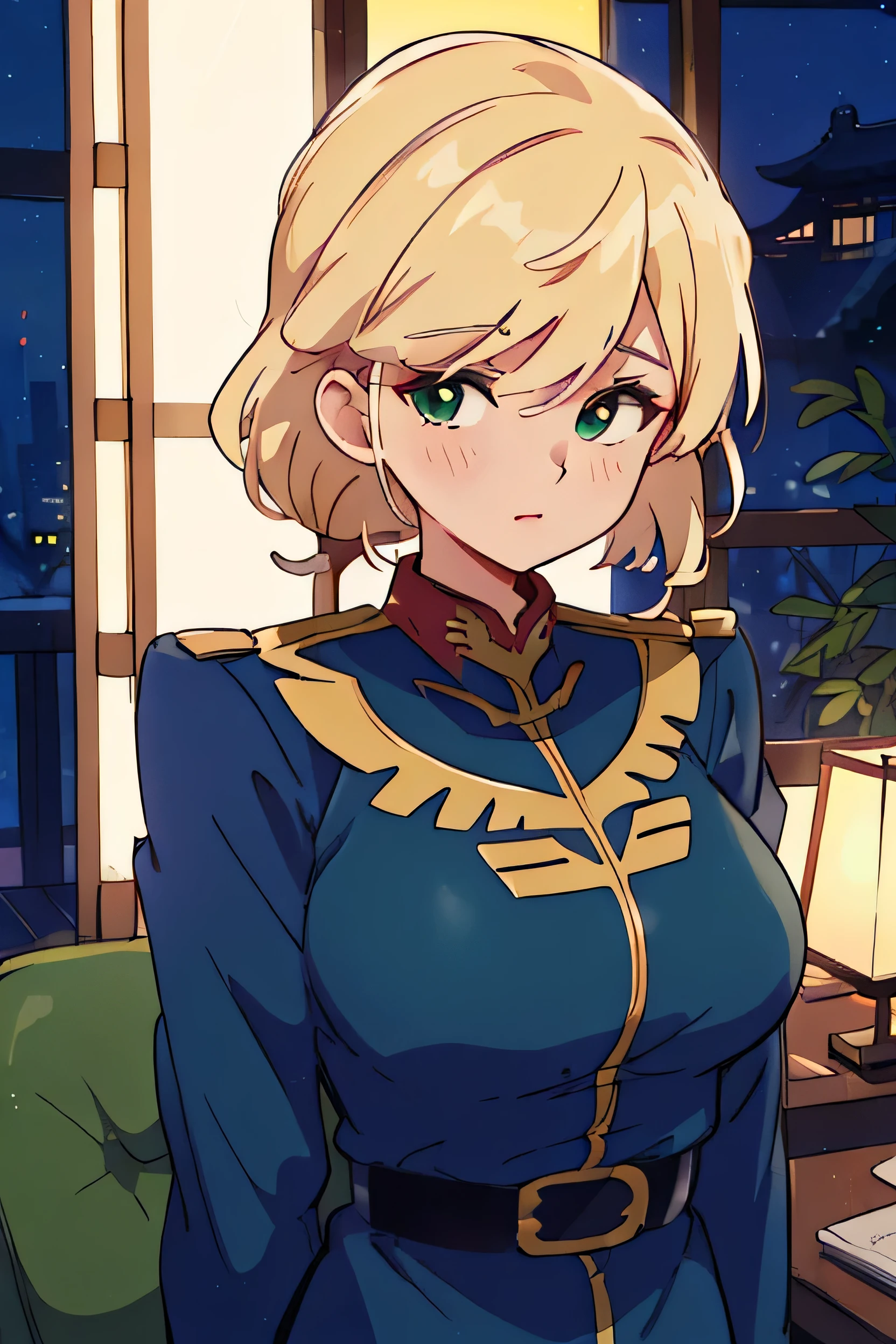 (night:1.7), Japan, Tokyo, City View, In front of the window,
Upright immobile posture,
green_army_uniform,pantyhose, a uniform with gold trims and a collar,shirt,belt,
Kim hair,Green eyes,lipstick, Front hair,hair_good,
1 Girl, 20-year-old,young woman,beautiful Finger,beautiful long legs,beautiful body,beautiful Nose,beautiful character design, Perfect Eyes, perfect face,Expressive eyes,
View your viewers, centered in picture,(upper_body),(Focus on her face),
Official Art,Highly detailed CG Unity 8k wallpaper, Perfect lighting,Farbeful, bright_front_face_Lighting,
(masterpiece:1.0),(Highest_quality:1.0), 超High resolution,4K,Super detailed,
photograph, 8K, High resolution, High resolution, absurdes:1.2, 400 for Kodak Port, Film Grain, Blurred Background, bokeh:1.2, Lens flare, (Vibrant_Farbe:1.2)
(beautiful,big_chest:1.4), (beautiful_face:1.5),(narrow_Waist),