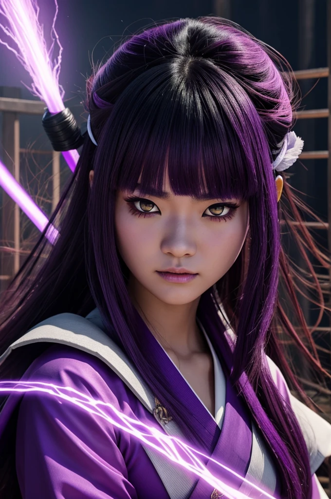 demon slayer sreen cap of a women with open white long hair and some bangs and light purple eyes background is a japanese village shes wearing a demon slayer uniform and white kimono with a bit of purple season 2 mappa sreen cap she has a small mole under her right eye thousand yard stare demon slayer art style she has small eyes shes mad and fighting a demon she has a katana and there comes purple lightning out of her katana demon screen cap shes 25 years old