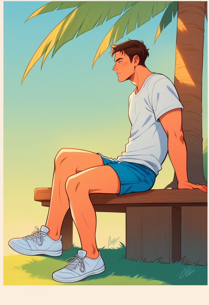 there is a man sitting on a bench in front of a tree, Nick Silva, caio santos, inspired by Nathan Oliveira, mid shot portrait, Jovem com short, skin tanned, t-shirt and shorts, vacation photo, wearing shorts and t-shirt, david rios ferreira, profile image, photo by full body, pose casual, about 19 years old