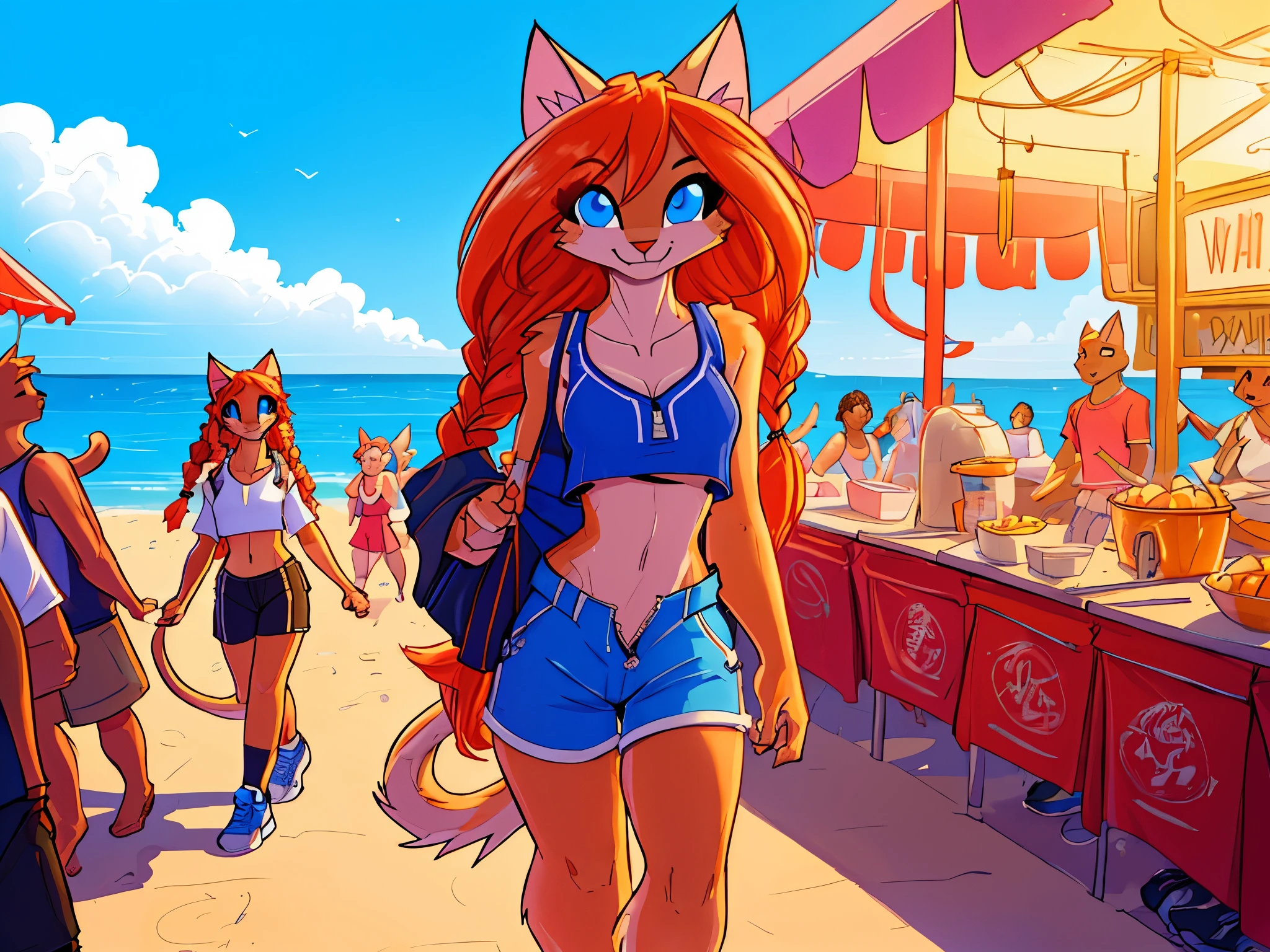 Cute young age female anthro cat girl, skinny, long orange hair, 2 braids in hair, smiling, pretty blue eyes, small breasts, crop top, (((underboob))), unzipped shorts, untied sneakers, walking in a carnival next to the sea, smiling, crowded area, lots of people