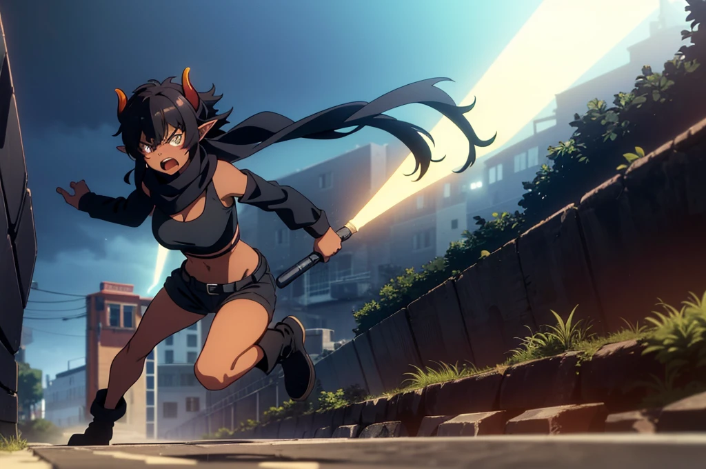 (1girl ,25s,adult,mature female,solo),long hair, black hair,horns,elf ears,((black scarf)),cleavage,(((dark skin))),(black sports bra,black sports shorts, midriff),leather boots,long sleeves,((angry)), punch, Abandoned station on underground,running alone on the railroad tracks The wind ruffled her hair, illustration, concept-art,A huge lightning strikes behind