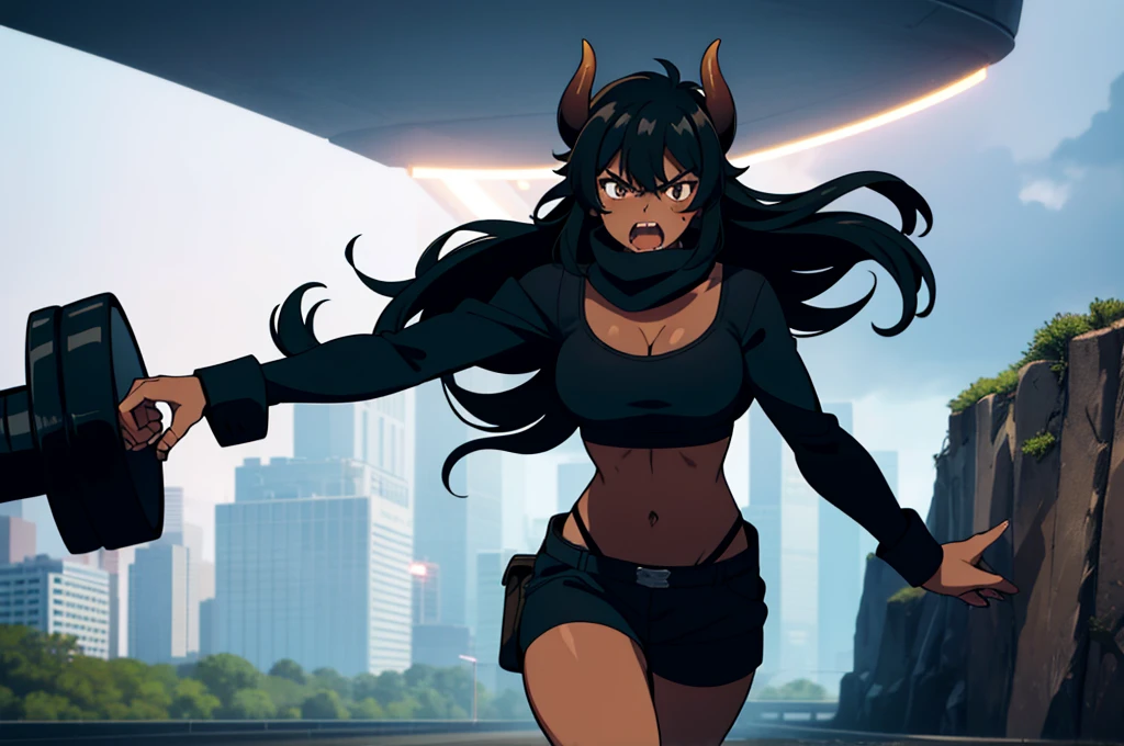 (1girl ,25s,adult,mature female,solo),long hair, black hair,horns,elf ears,((black scarf)),cleavage,(((dark skin))),(black sports bra,black sports shorts, midriff),leather boots,long sleeves,((angry)), punch, Abandoned station on underground,running alone on the railroad tracks The wind ruffled her hair, illustration, concept-art,A huge lightning strikes behind